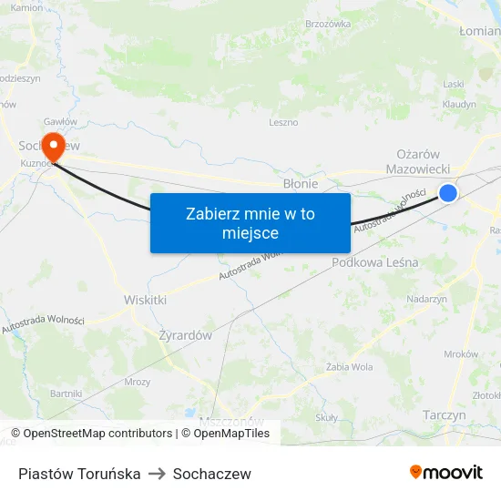 Piastów Toruńska to Sochaczew map
