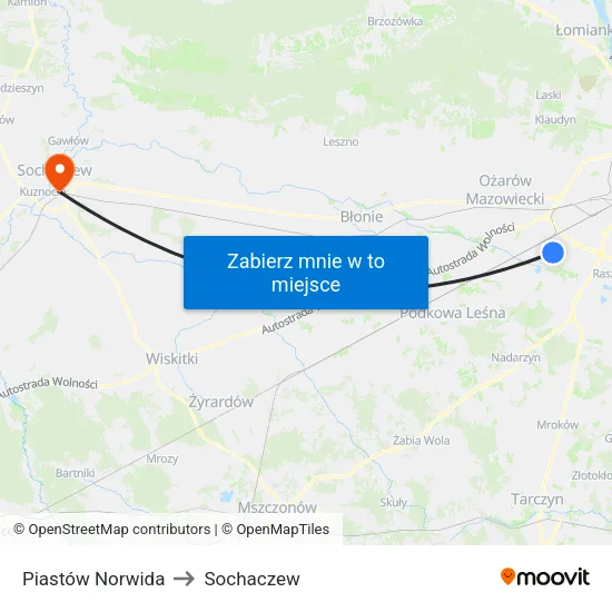 Piastów Norwida to Sochaczew map