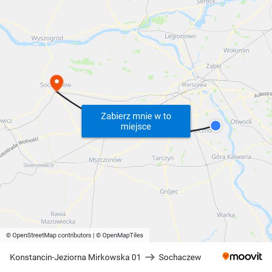 Konstancin-Jeziorna Mirkowska 01 to Sochaczew map