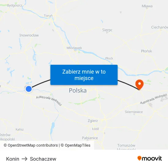 Konin to Sochaczew map