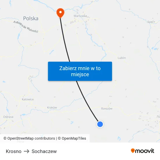 Krosno to Sochaczew map