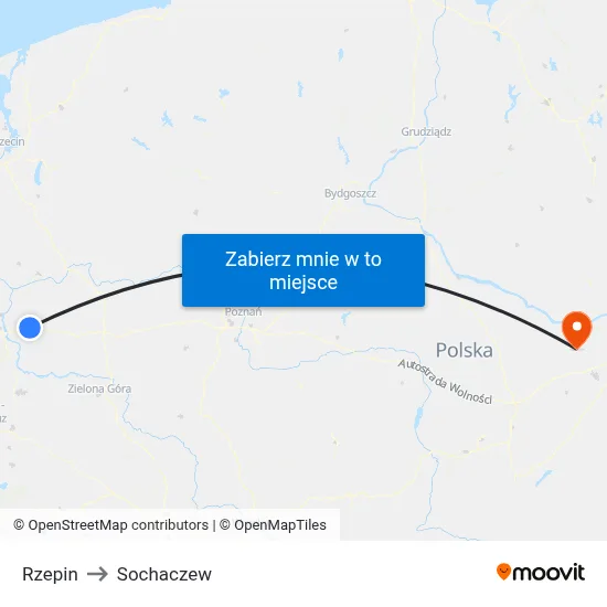 Rzepin to Sochaczew map