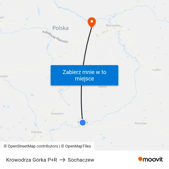 Krowodrza Górka P+R to Sochaczew map
