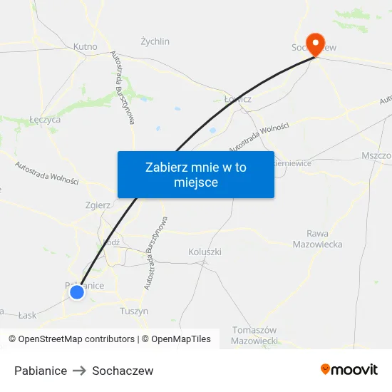 Pabianice to Sochaczew map