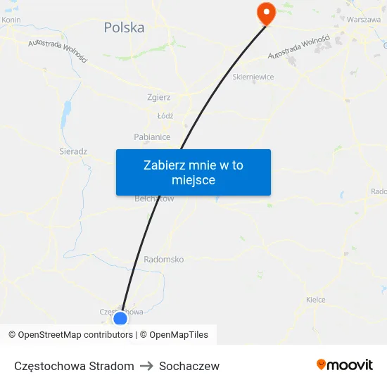 Częstochowa Stradom to Sochaczew map