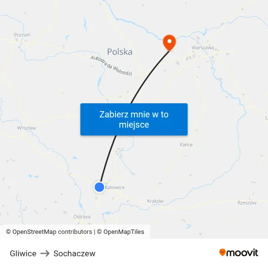 Gliwice to Sochaczew map