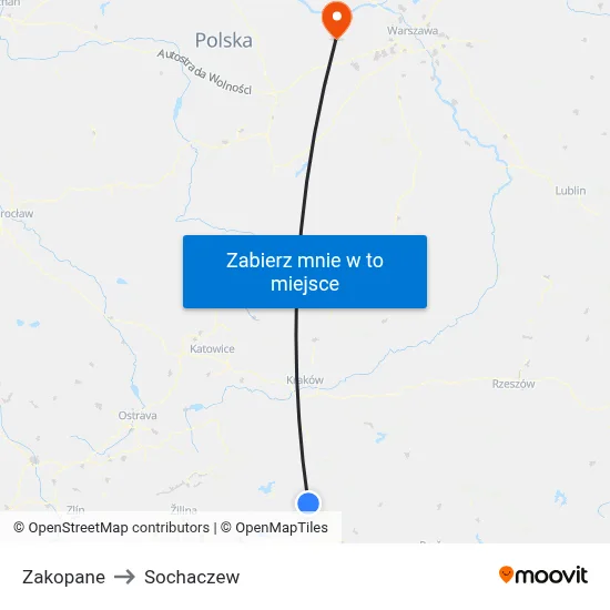 Zakopane to Sochaczew map
