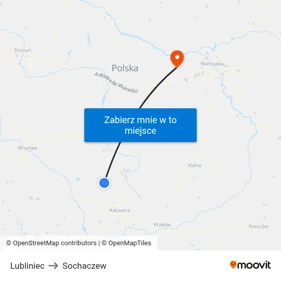 Lubliniec to Sochaczew map