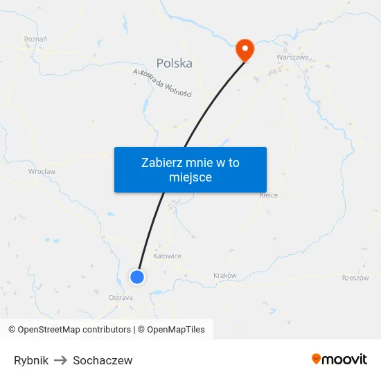 Rybnik to Sochaczew map