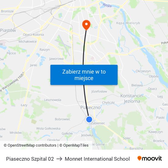 Piaseczno Szpital 02 to Monnet International School map