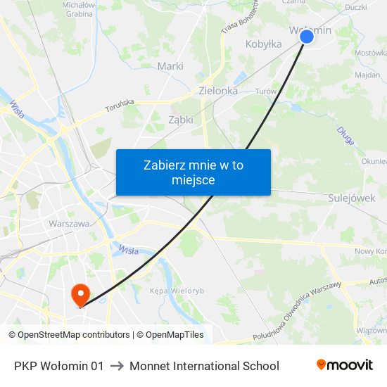 PKP Wołomin to Monnet International School map