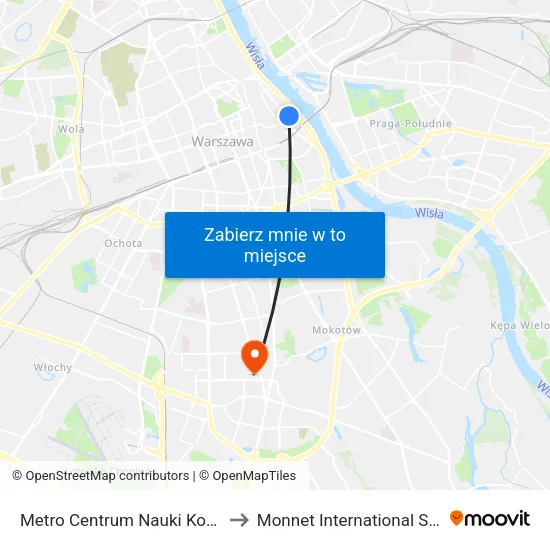 Metro Centrum Nauki Kopernik to Monnet International School map