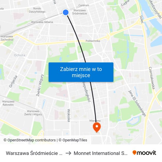 Warszawa Śródmieście WKD to Monnet International School map