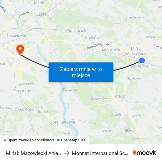 Mińsk Mazowiecki Anielina to Monnet International School map