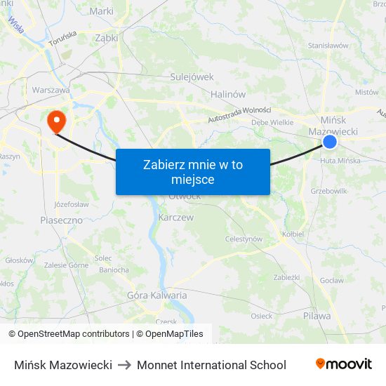 Mińsk Mazowiecki to Monnet International School map