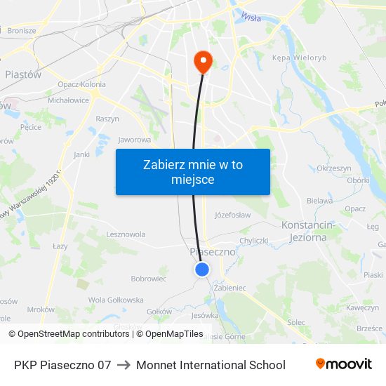 PKP Piaseczno 07 to Monnet International School map