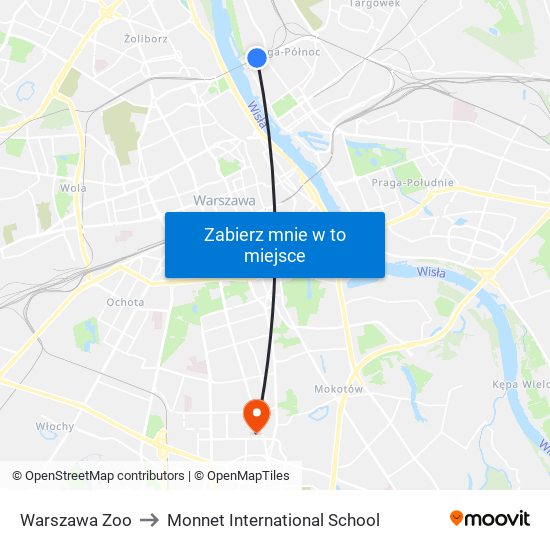 Warszawa Zoo to Monnet International School map