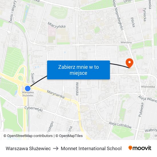 Warszawa Służewiec to Monnet International School map