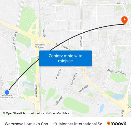 Warszawa Lotnisko Chopina to Monnet International School map