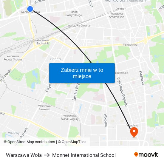 Warszawa Wola to Monnet International School map