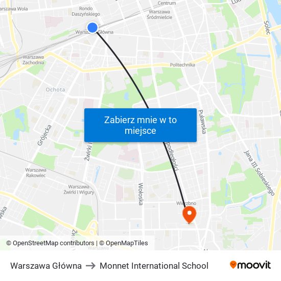 Warszawa Główna to Monnet International School map