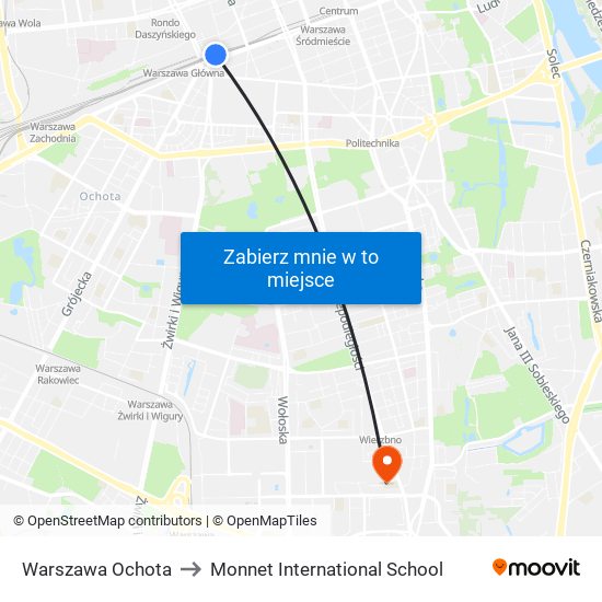 Warszawa Ochota to Monnet International School map