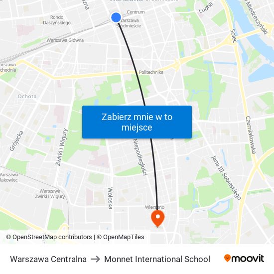 Warszawa Centralna to Monnet International School map