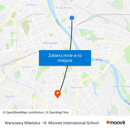 Warszawa Wileńska to Monnet International School map