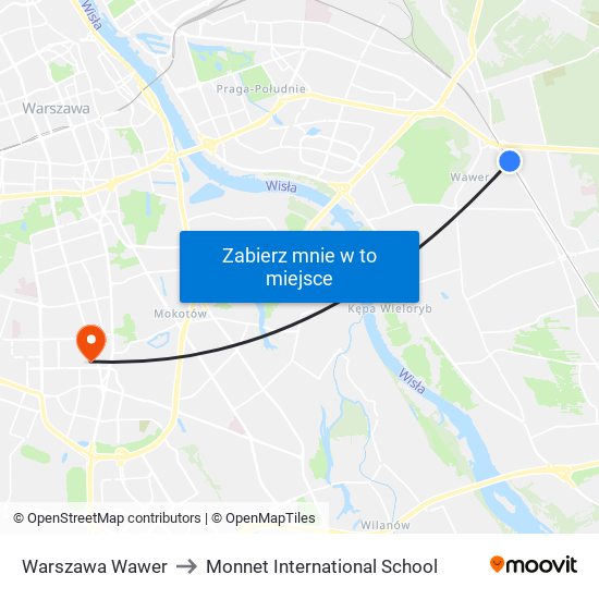 Warszawa Wawer to Monnet International School map