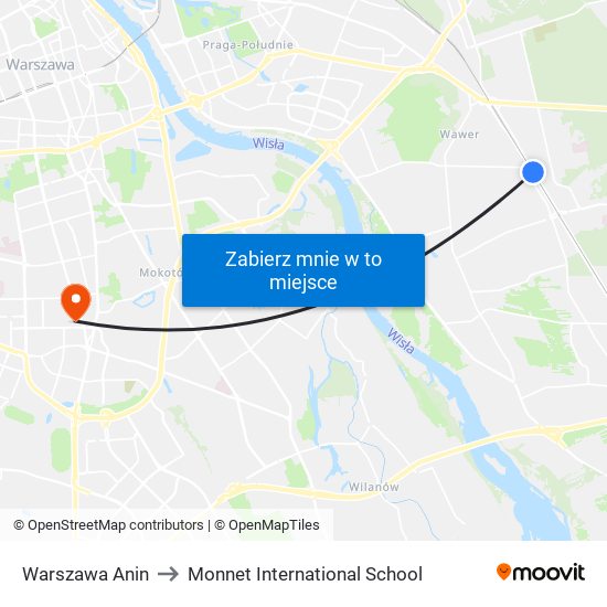 Warszawa Anin to Monnet International School map