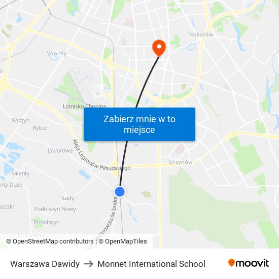 Warszawa Dawidy to Monnet International School map