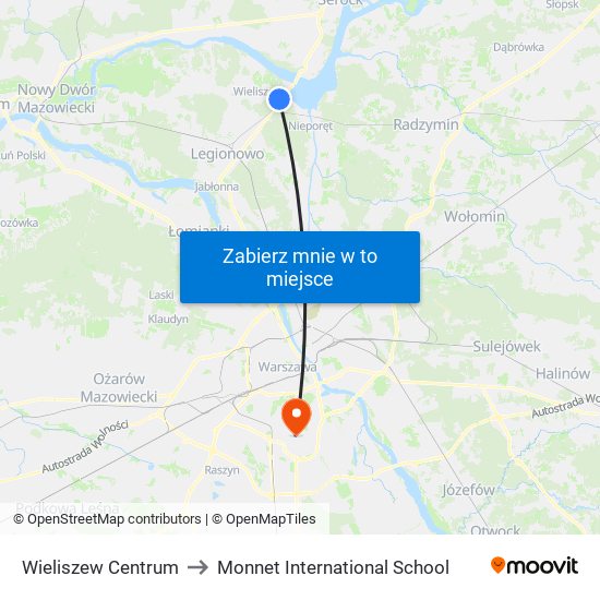 Wieliszew Centrum to Monnet International School map