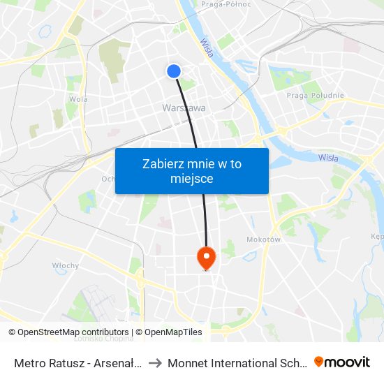 Metro Ratusz - Arsenał 10 to Monnet International School map