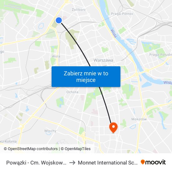 Powązki - Cm. Wojskowy 01 to Monnet International School map