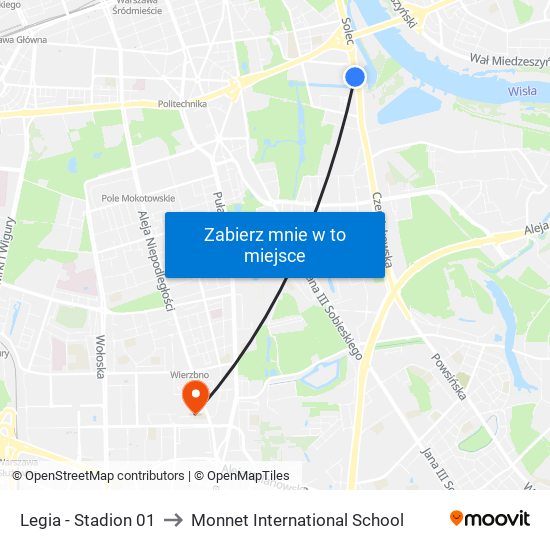 Legia - Stadion 01 to Monnet International School map