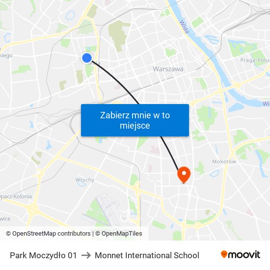 Park Moczydło to Monnet International School map