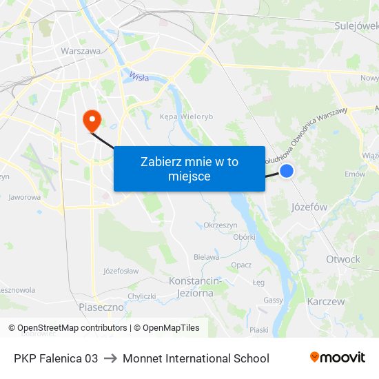 PKP Falenica 03 to Monnet International School map