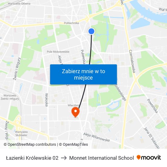 Łazienki Królewskie 02 to Monnet International School map