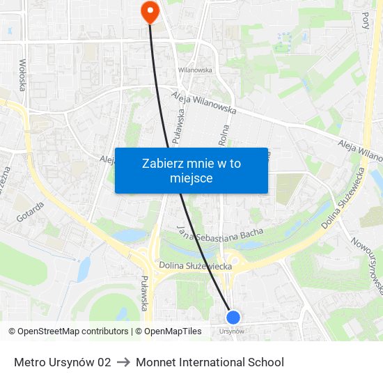 Metro Ursynów to Monnet International School map