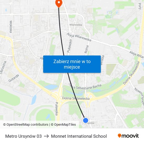 Metro Ursynów 03 to Monnet International School map