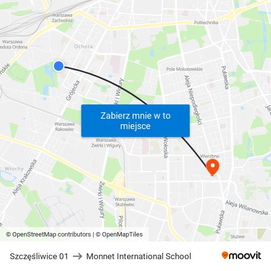 Szczęśliwice 01 to Monnet International School map