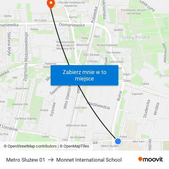 Metro Służew to Monnet International School map