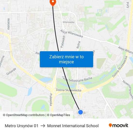 Metro Ursynów 01 to Monnet International School map