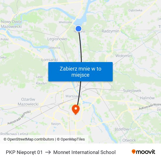 PKP Nieporęt 01 to Monnet International School map