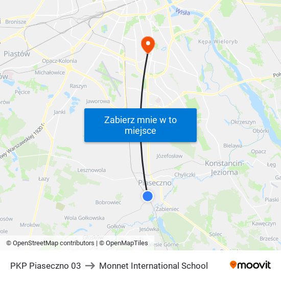 PKP Piaseczno to Monnet International School map