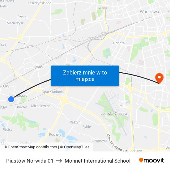 Piastów Norwida 01 to Monnet International School map