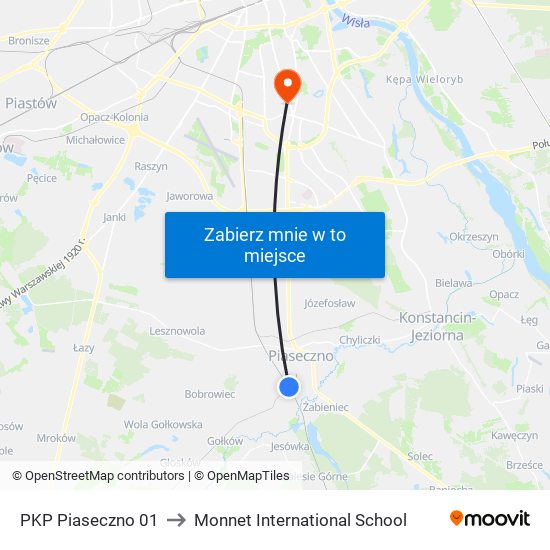 PKP Piaseczno to Monnet International School map