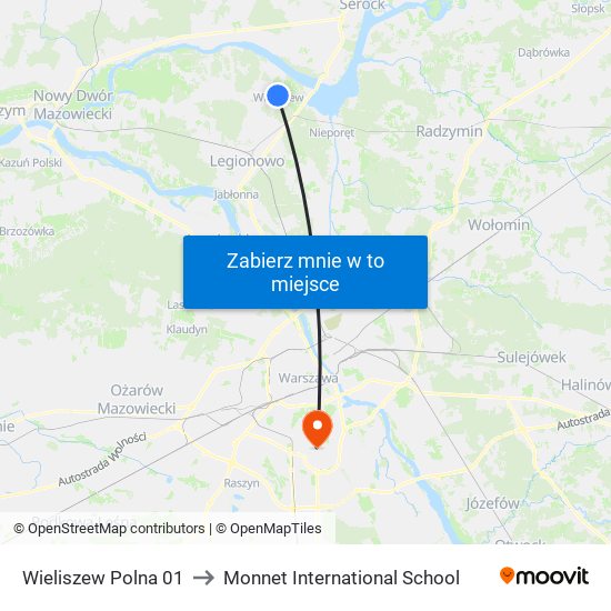 Wieliszew Polna 01 to Monnet International School map