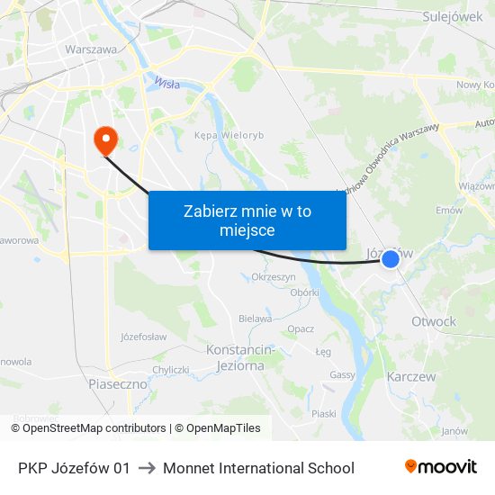 PKP Józefów 01 to Monnet International School map