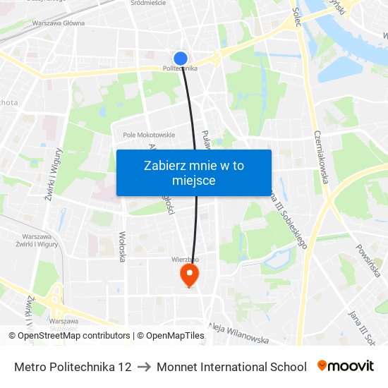 Metro Politechnika 12 to Monnet International School map